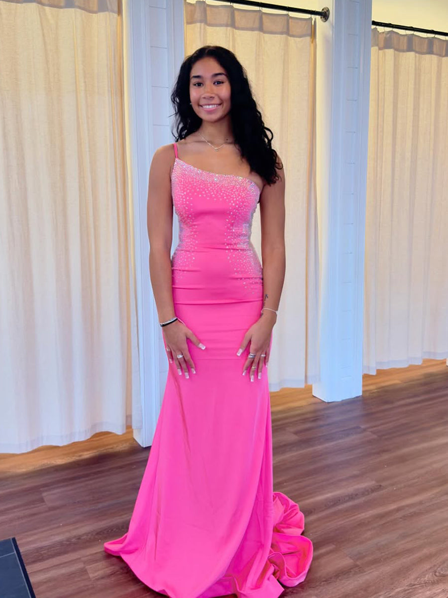 Hot Pink Crystal Embellished Fitted Long Prom Dress - FashionDia