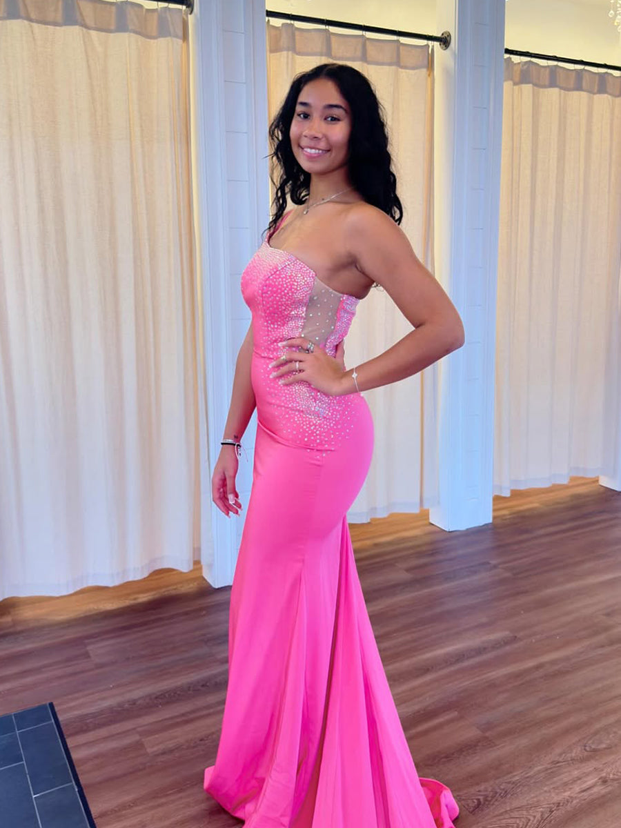 Hot Pink Crystal Embellished Fitted Long Prom Dress - View 2 | FashionDia