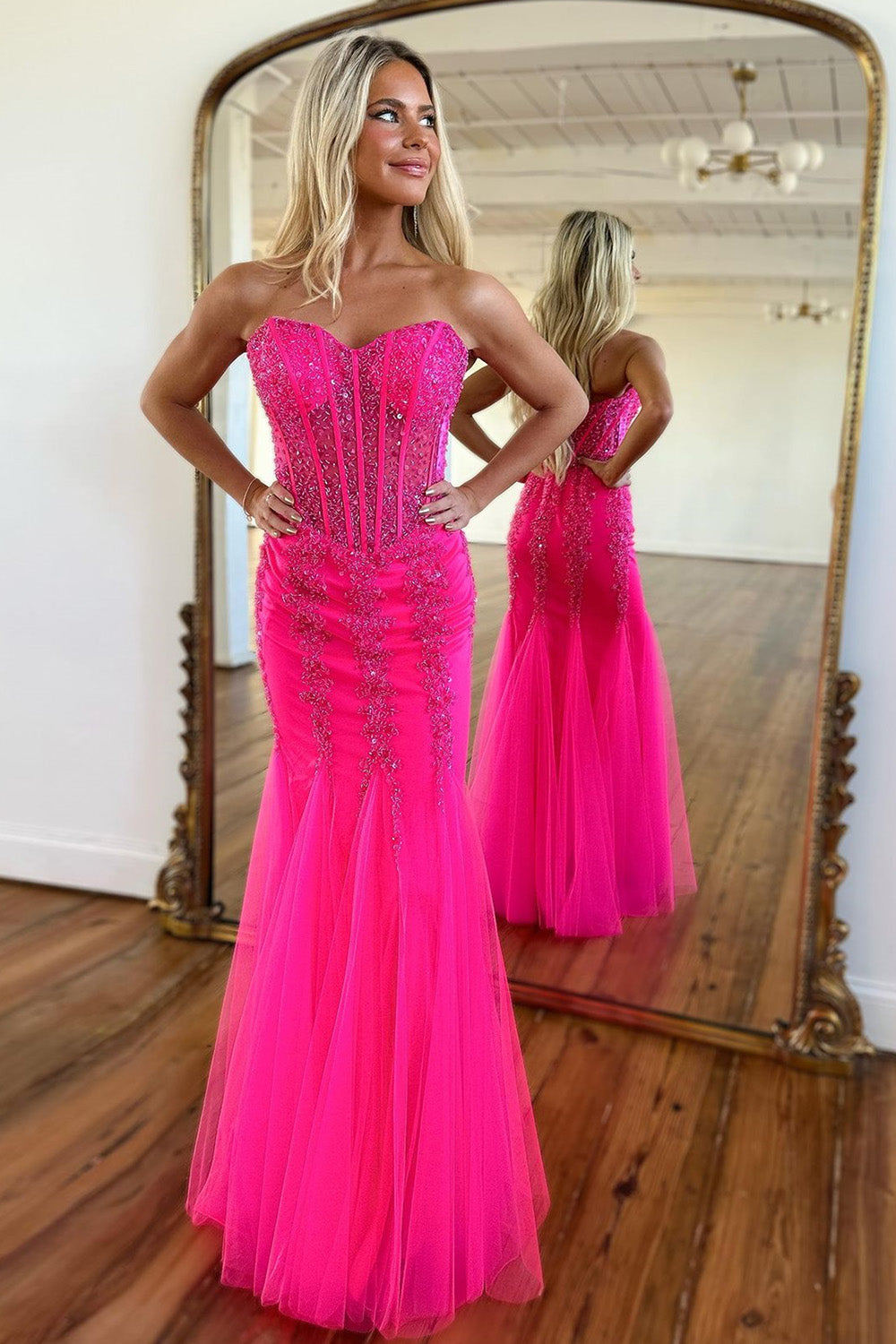 Hot Pink Floor-Length Mermaid Sweetheart Tulle Prom Dress With Beading - FashionDia