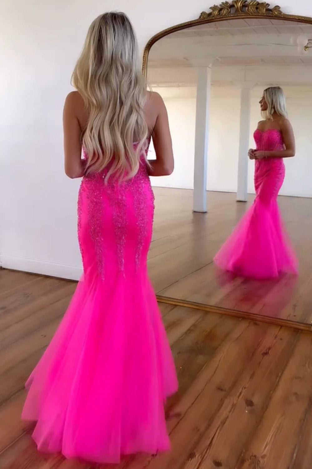 Hot Pink Floor-Length Mermaid Sweetheart Tulle Prom Dress With Beading - View 2 | FashionDia