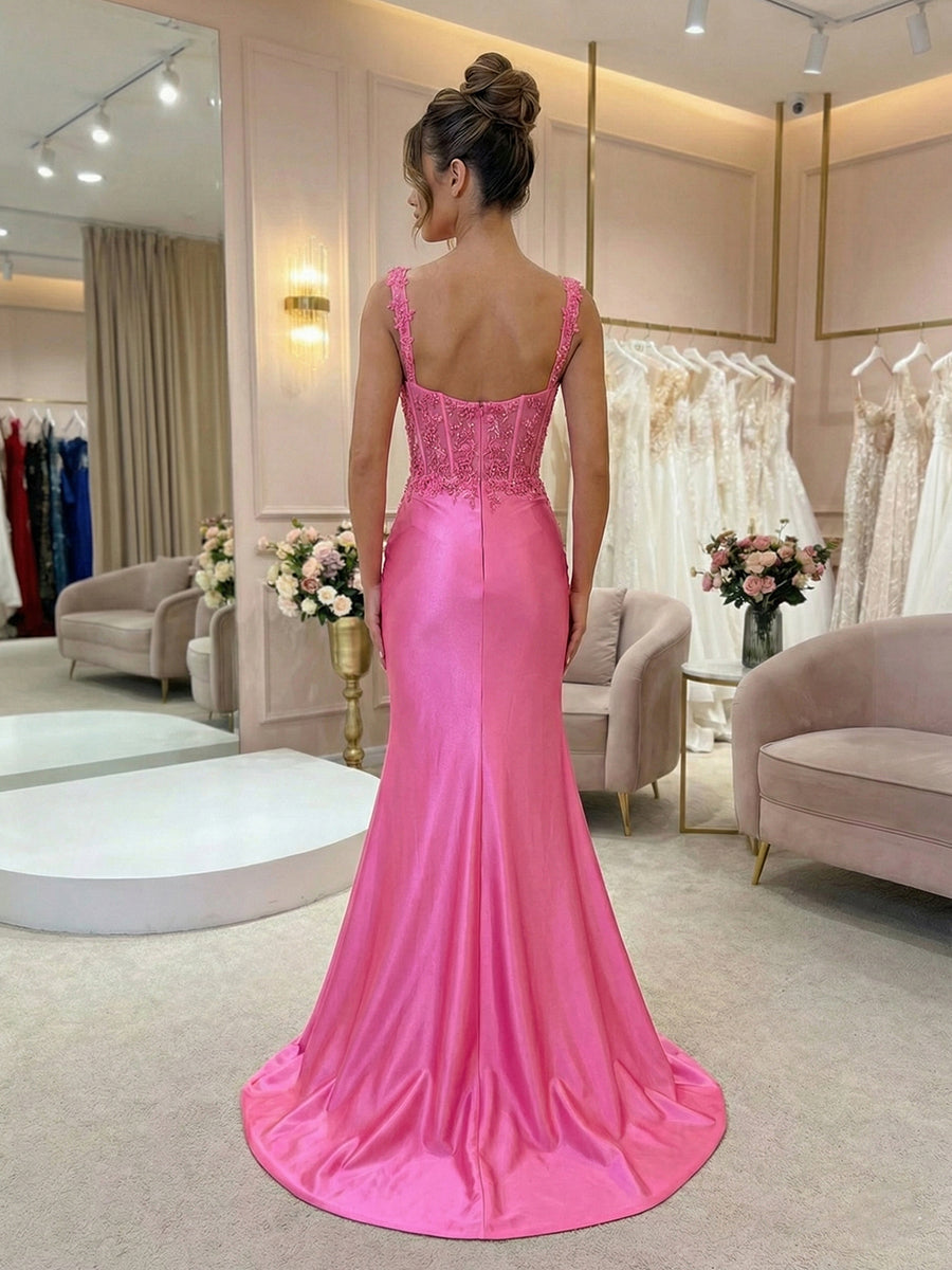 Hot Pink Floral Lace Satin Corset Mermaid Long Prom Dress - View 2 | FashionDia