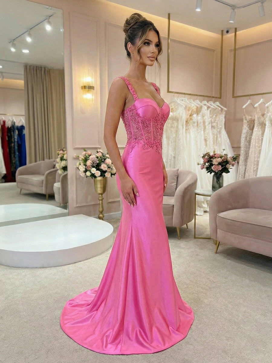 Hot Pink Floral Lace Satin Corset Mermaid Long Prom Dress - View 3 | FashionDia