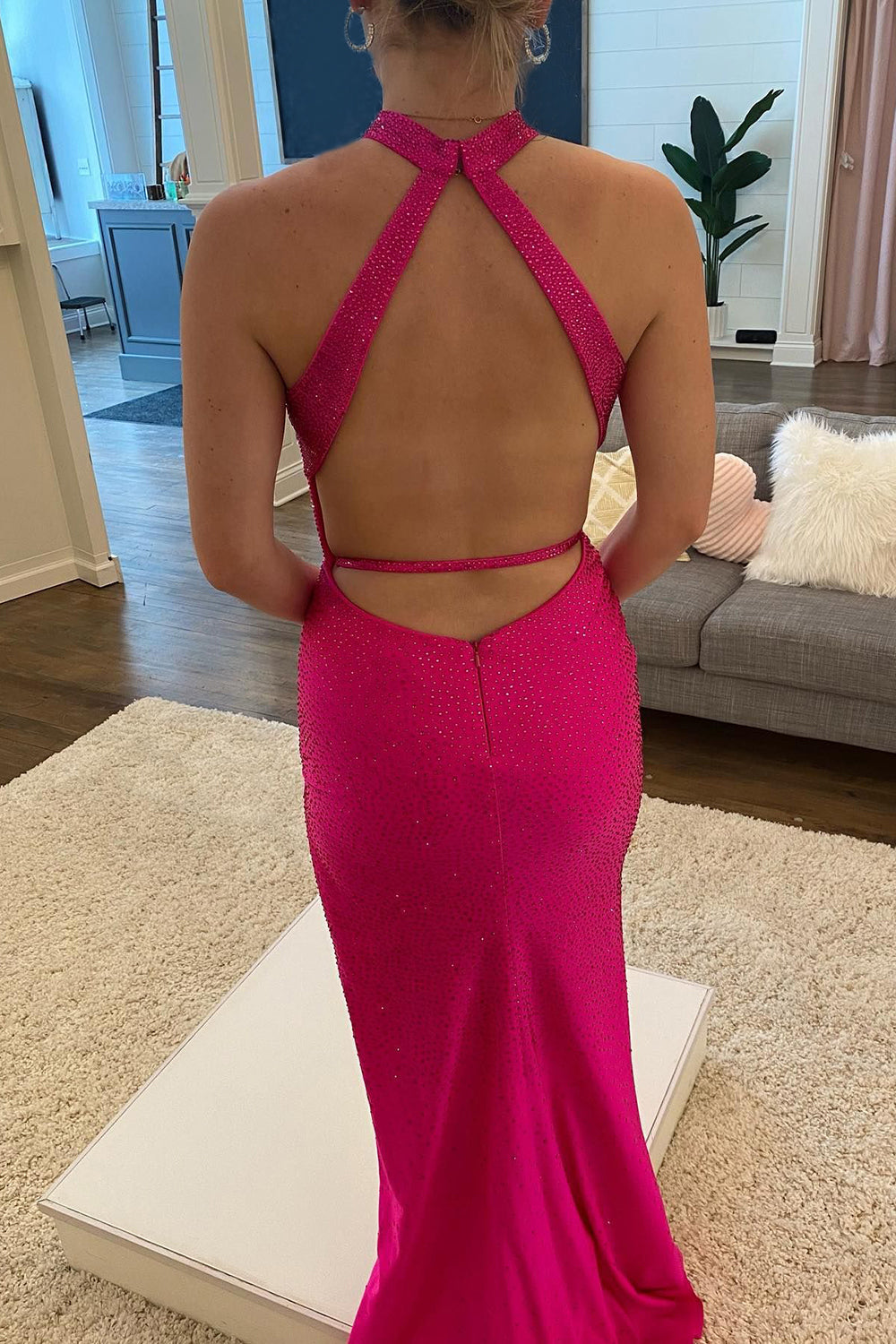 Hot Pink Halter Long Sequined Prom Dress With Split - View 2 | FashionDia