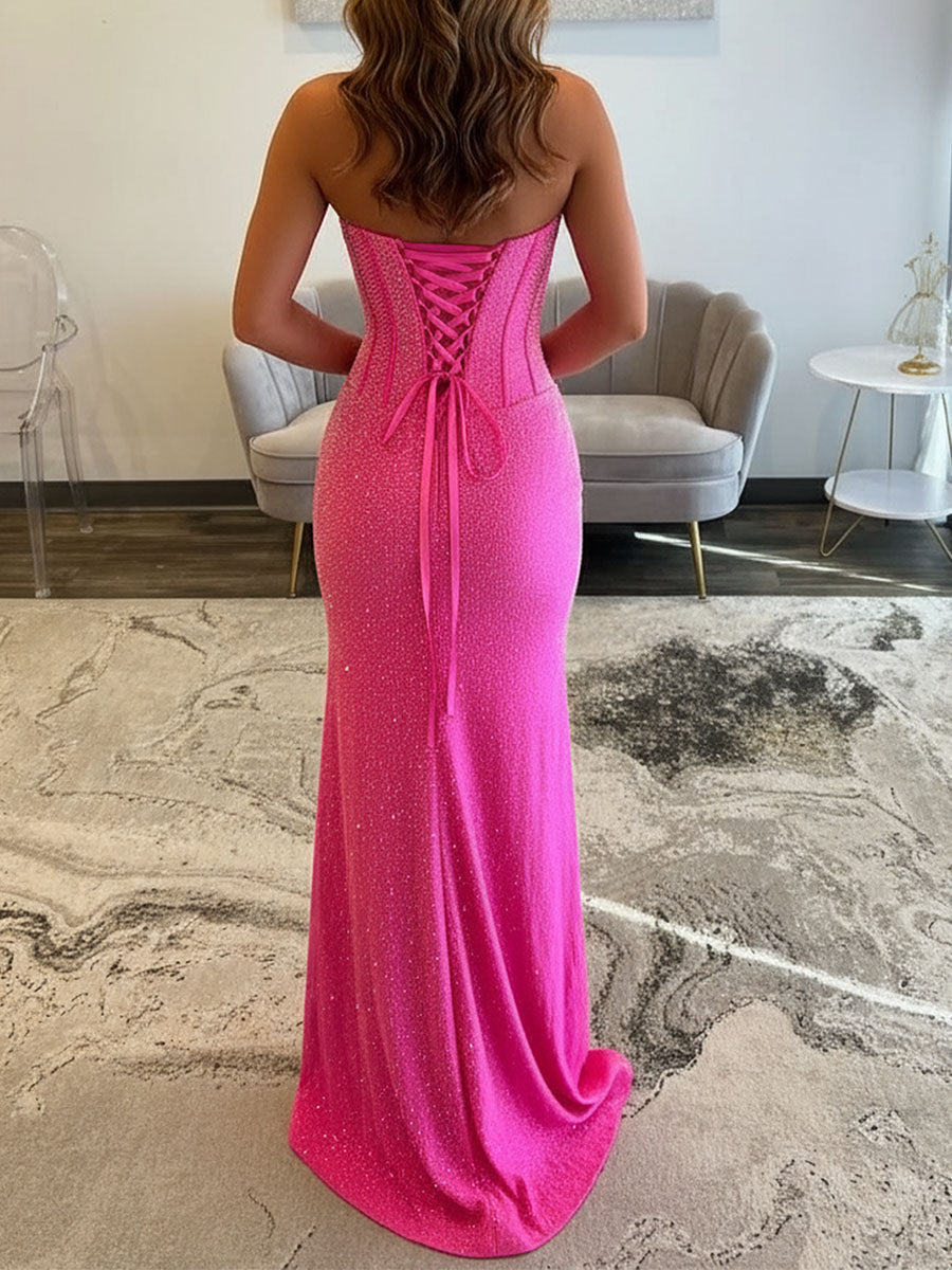 Hot Pink Strapless Beaded Corset Prom Dress with Slit