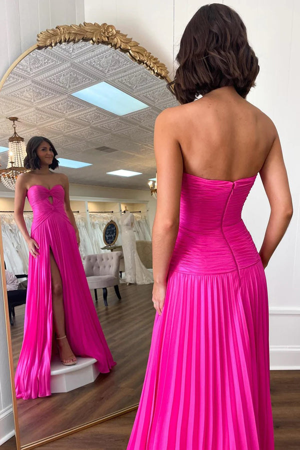 Hot Pink Strapless Keyhole Pleated A-Line Prom Formal Dress - View 3 | VelvetHem