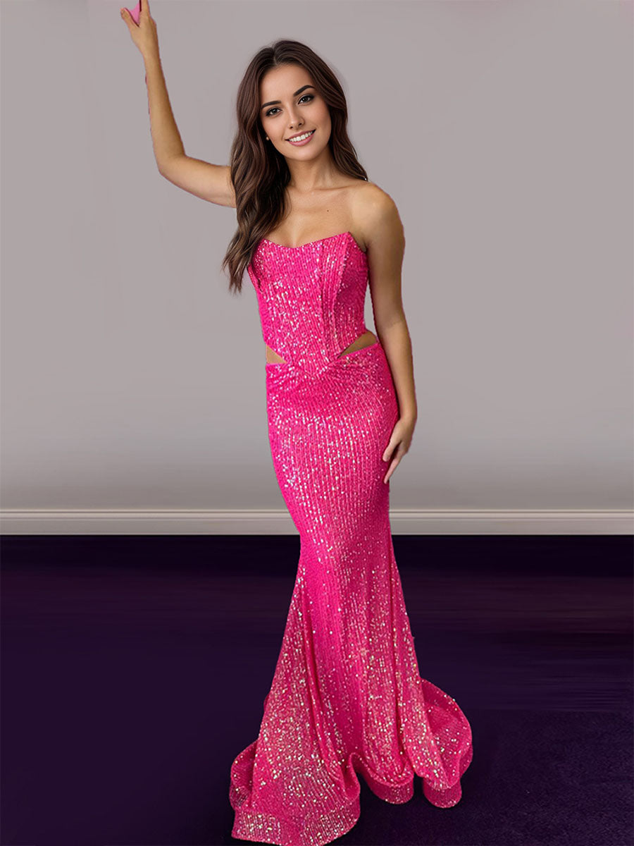 Hot Pink Strapless Sequin Prom Dress with Side Cutouts - VelvetHem