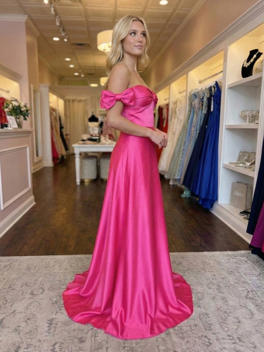 Hot Pink Sweetheart Neckline Satin Prom Dress with Statement Bow Sleeves - View 3 | FashionDia