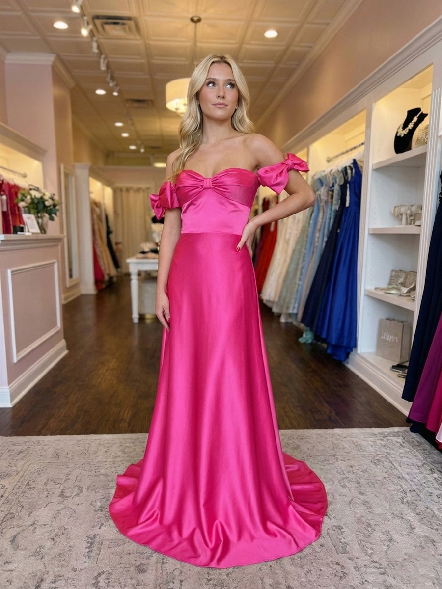 Hot Pink Sweetheart Neckline Satin Prom Dress with Statement Bow Sleeves - FashionDia