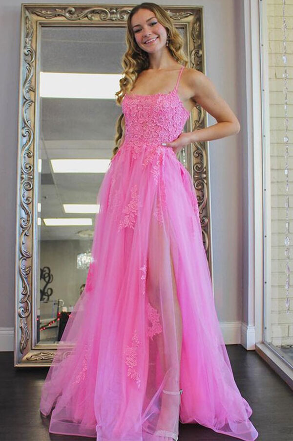 Tulle Split Long Prom Dresses, Evening Dress With Lace Appliques - VelvetHem