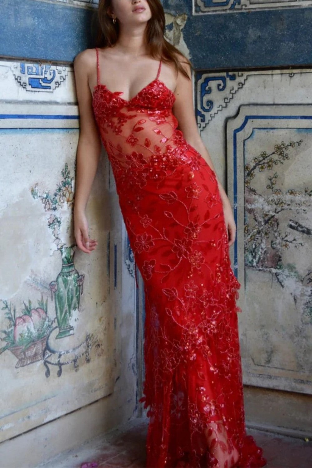 Gorgeous Mermaid Spaghetti Straps Orange Long Prom Dress with Appliques - View 15 | FashionDia