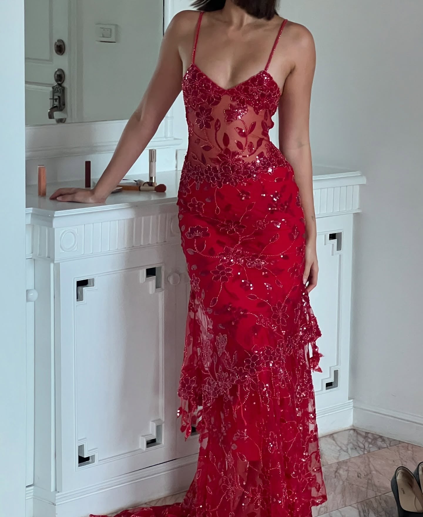 Gorgeous Mermaid Spaghetti Straps Orange Long Prom Dress with Appliques