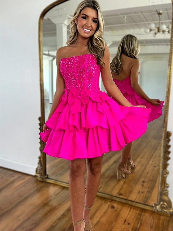 A-Line Strapless Short Satin Homecoming Dress With Beading - FashionDia