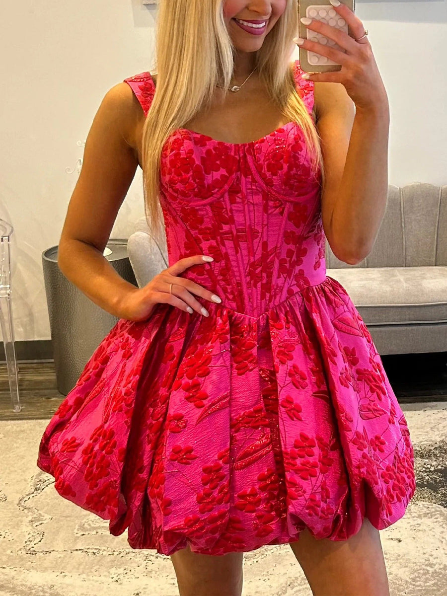 A-Line Sweetheart Straps Boned Satin Floral Homecoming Dress