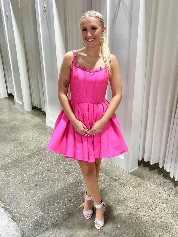 A-line Lace Straps Satin Short Homecoming Dress - FashionDia