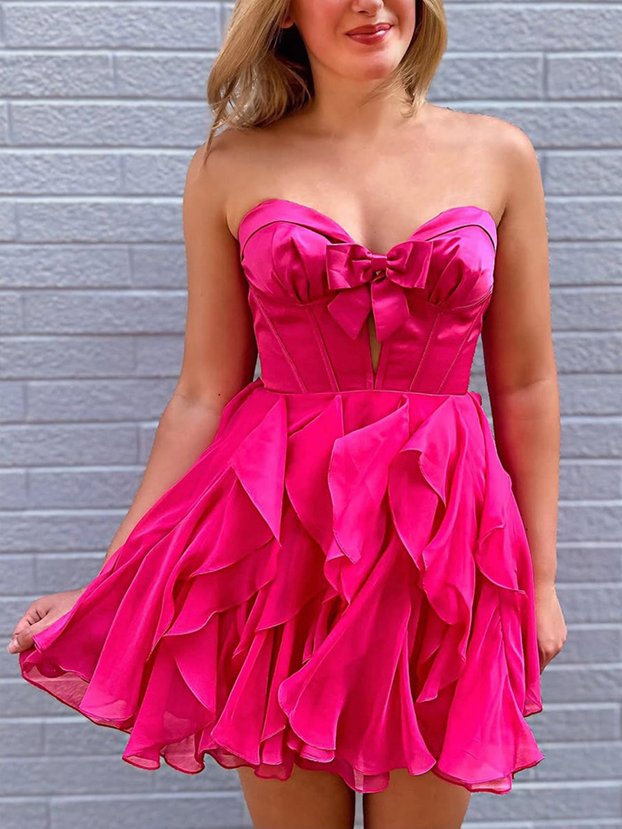 A Line Strapless Cut Front Homecoming Dress with Bow