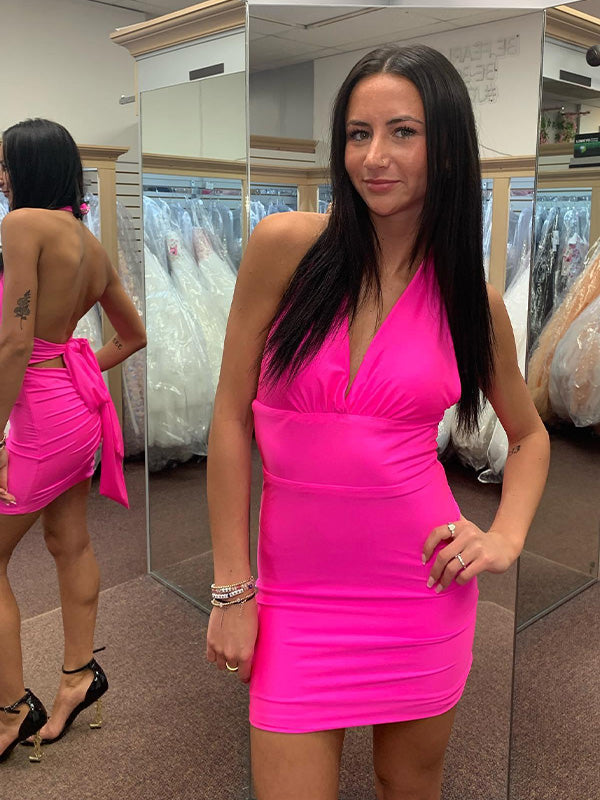 Halter V-Neck Short Tight Homecoming Dress - View 3 | FashionDia