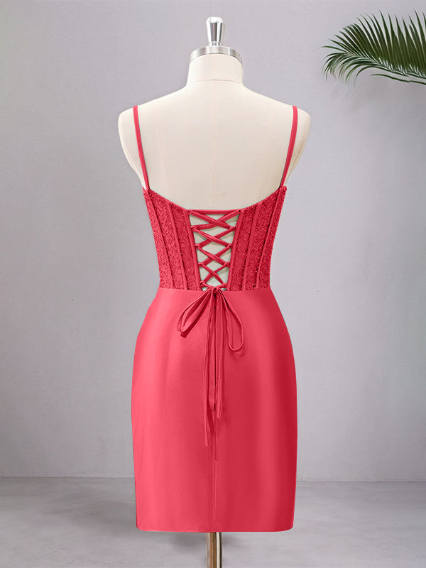 Spaghetti Straps Bodycon Corset Satin Homecoming Dress with Slit