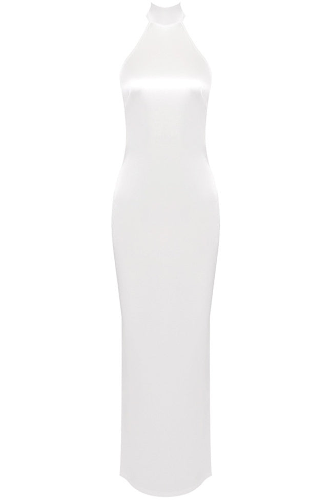 Hot Sheath Halter Neck White Long Party Dress with Pearls Backless