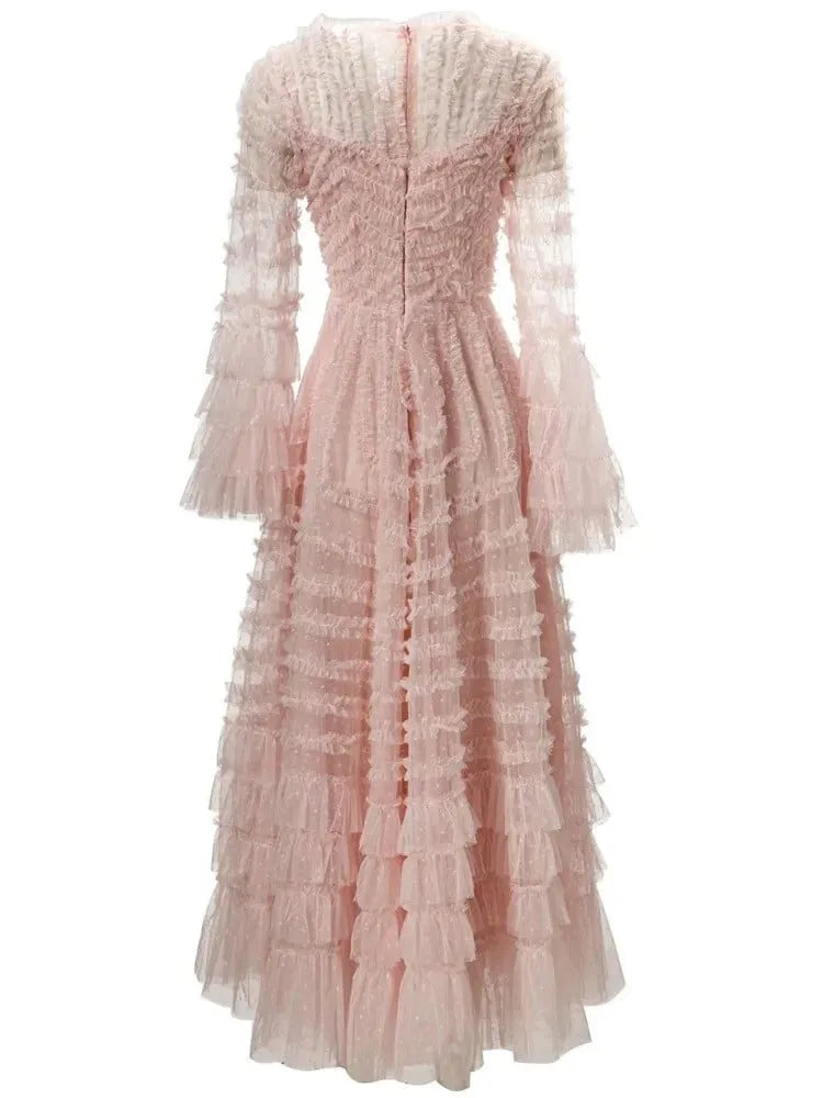 Hearty pink Tulle Prom Dress A-Line Long Flare Sleeves Tiered Ruched Floor Length Ruffle Evening Dress robes de soirée