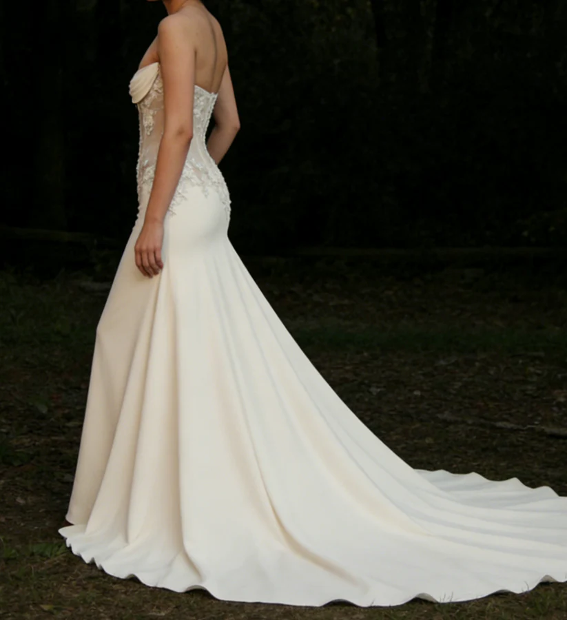 Classy Strapless Satin Appliques White Mermaid Long Wedding Dress - View 2 | FashionDia