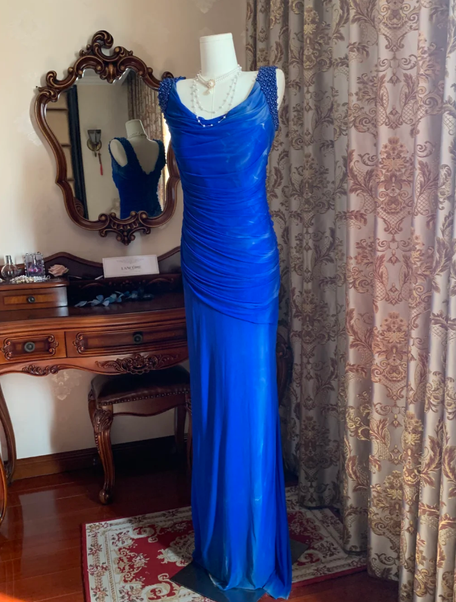 Sexy Royal Blue Tulle Pleated Beaded Mermaid Long Wedding Guest Dress Evening Dress - View 3 | FashionDia