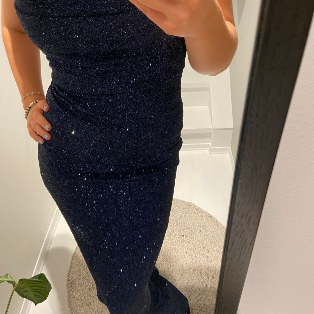 Charming Spaghetti Straps Navy Blue Satin Sequin Sheath Long Wedding Guest Dress Party Dress - View 3 | FashionDia