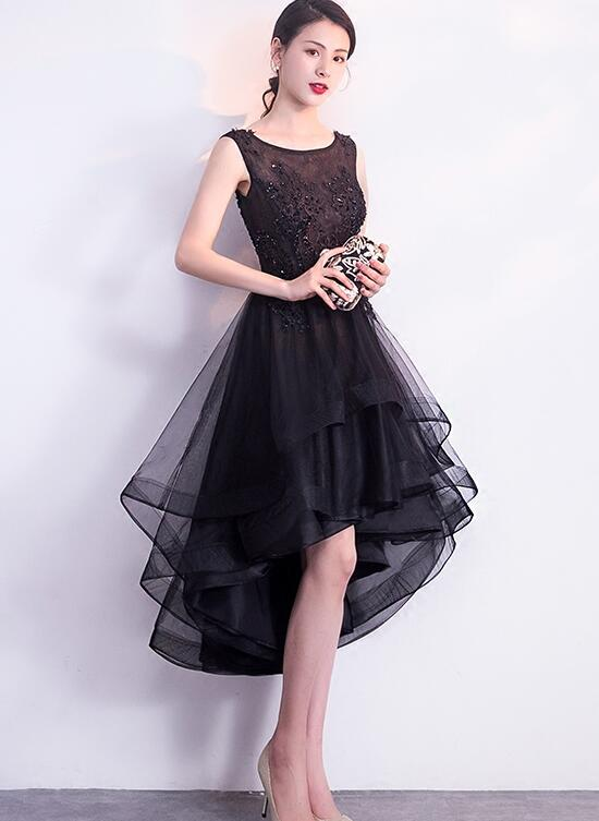 Black High-Low Tulle Round Neckline Lace Homecoming Dress, Black Short Party Dress Prom Dress - FashionDia