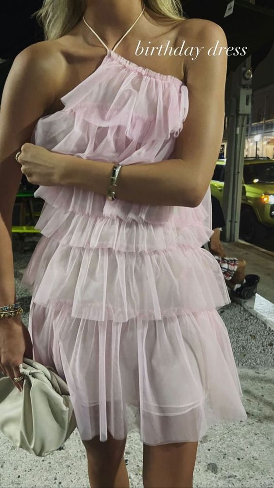 Pink Halter Neckline Multi-layered Tulle Homecoming Dress,21th Birthday Party Dress - FashionDia