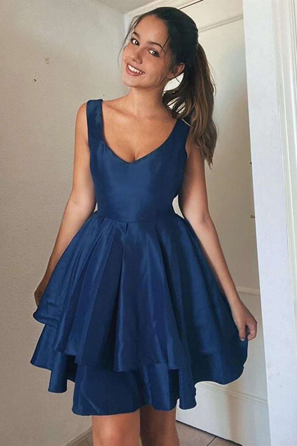 A Line Open Back Layered Blue Short Dresses, Layered Blue Homecoming Dresses, Blue Formal Evening Dresses