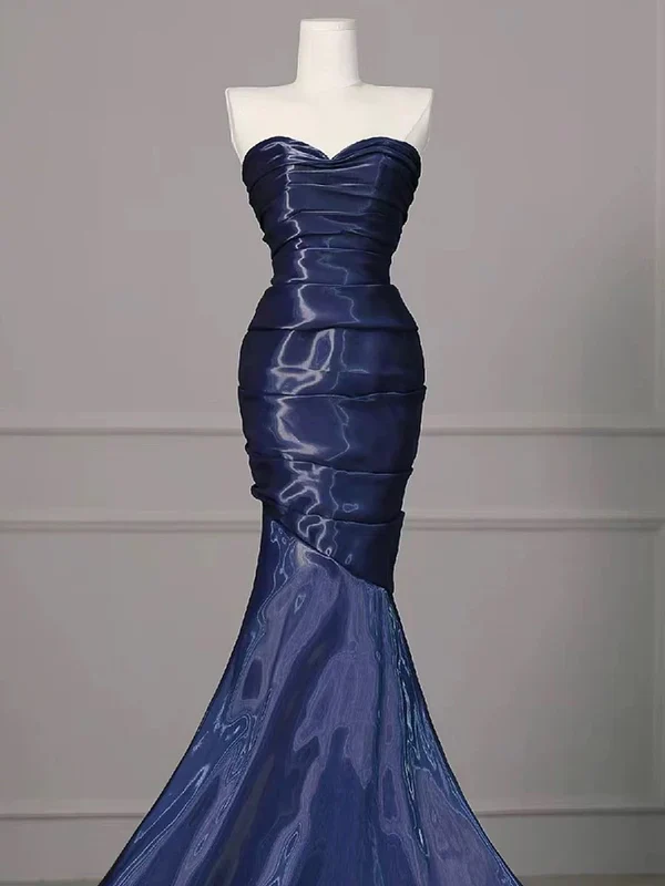 Gorgeous Strapless Navy Blue Evening Dress Ruched Mermaid Prom Party Dress - View 3 | FashionDia