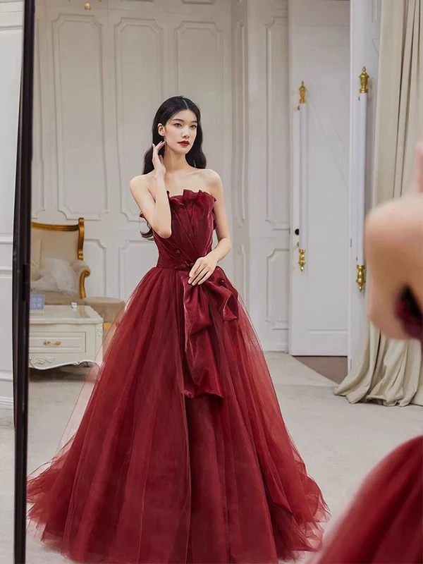 Pretty Burgundy Strapless Tulle Long Prom Dress Party Evening Dress