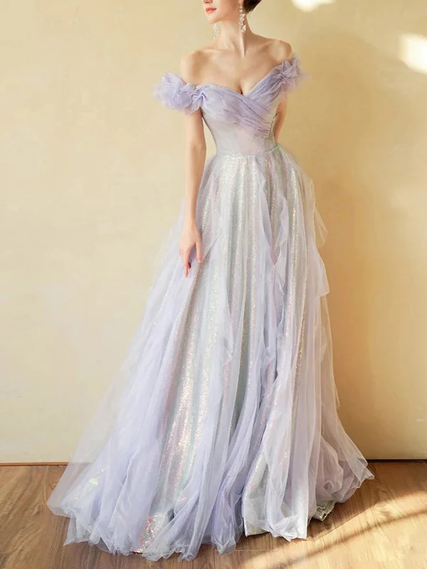 Purple Off Shoulder Sequin Tulle Long Prom Dress Purple Formal Evening Dresses Y4659 - View 7 | VelvetHem
