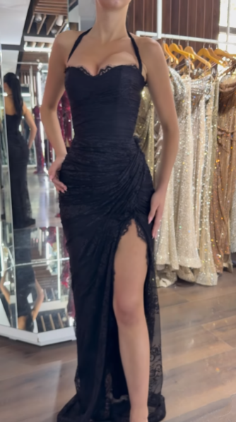 Sexy Black Halter Lace Mermaid Slit Long Evening Dress Party Gown - FashionDia
