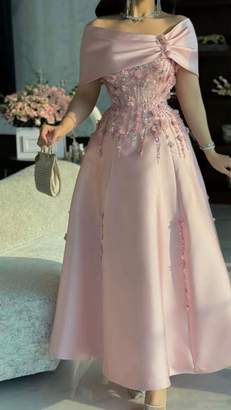 Pink Off The Shoulder Applique Beaded Prom Evening Dress,Formal Party Gown