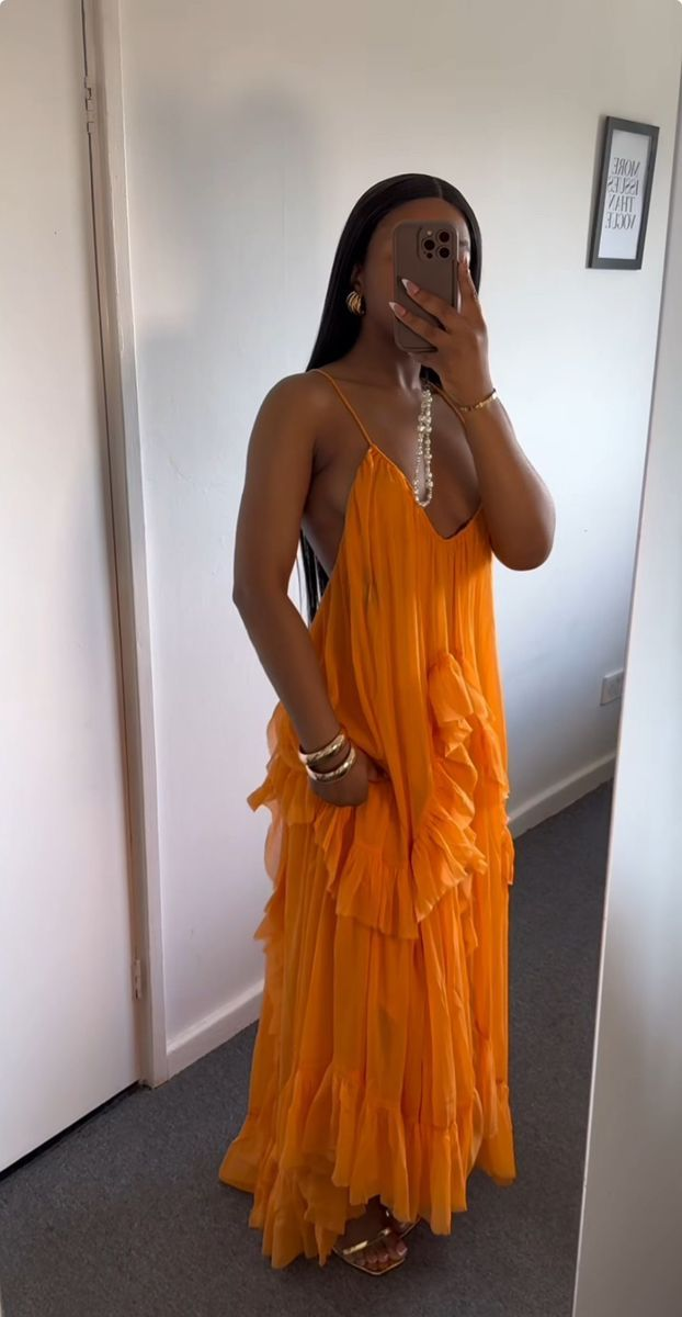 Sexy Orange Chiffon Ruffles Evening Dress Long Prom Party Gown