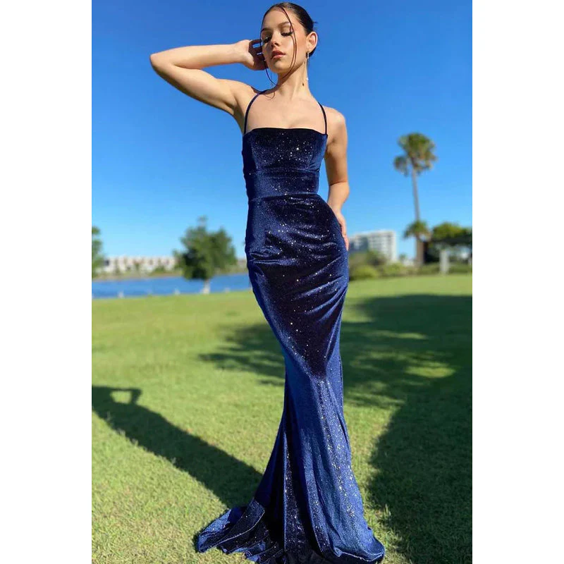 Vintage Navy Blue Velvet Prom Dress Sexy Mermaid Party Evening Gown - View 2 | FashionDia