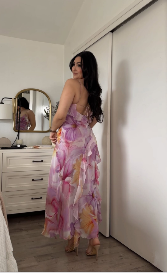 Elegant Chiffon Print Floral Ruffles Evening Dress Formal Party Prom Dress - View 3 | FashionDia