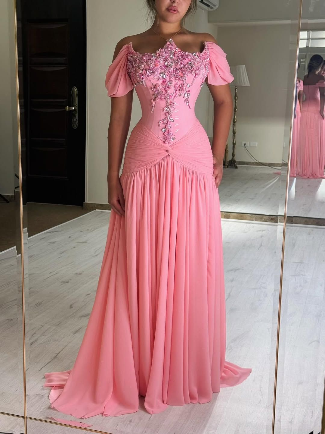 Cute Off The Shoulder Pink Chiffon Beaded Mermaid Long Party Dress Evening Gown