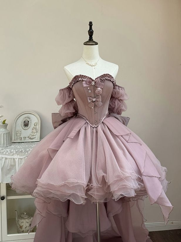 Vintage Purple Chiffon Multi-Layered Homecoming Dress Off-the-Shoulder Sweetheart Neck Birthday Outfits - FashionDia