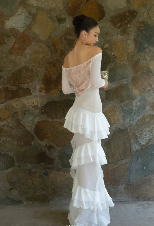 Classy Sheath Lace Chiffon Ruffles Prom Evening Dress,White Wedding Dress (ZD13738)
