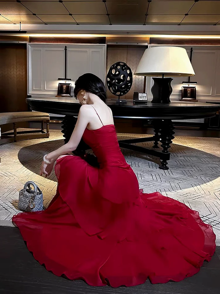 Beautiful Red Chiffon Layered Evening Dress Spaghetti Straps Prom Party Dress - View 4 | FashionDia