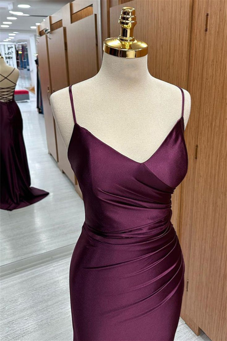Satin V Neck Lace-Up Back Pleated Long Prom Dress