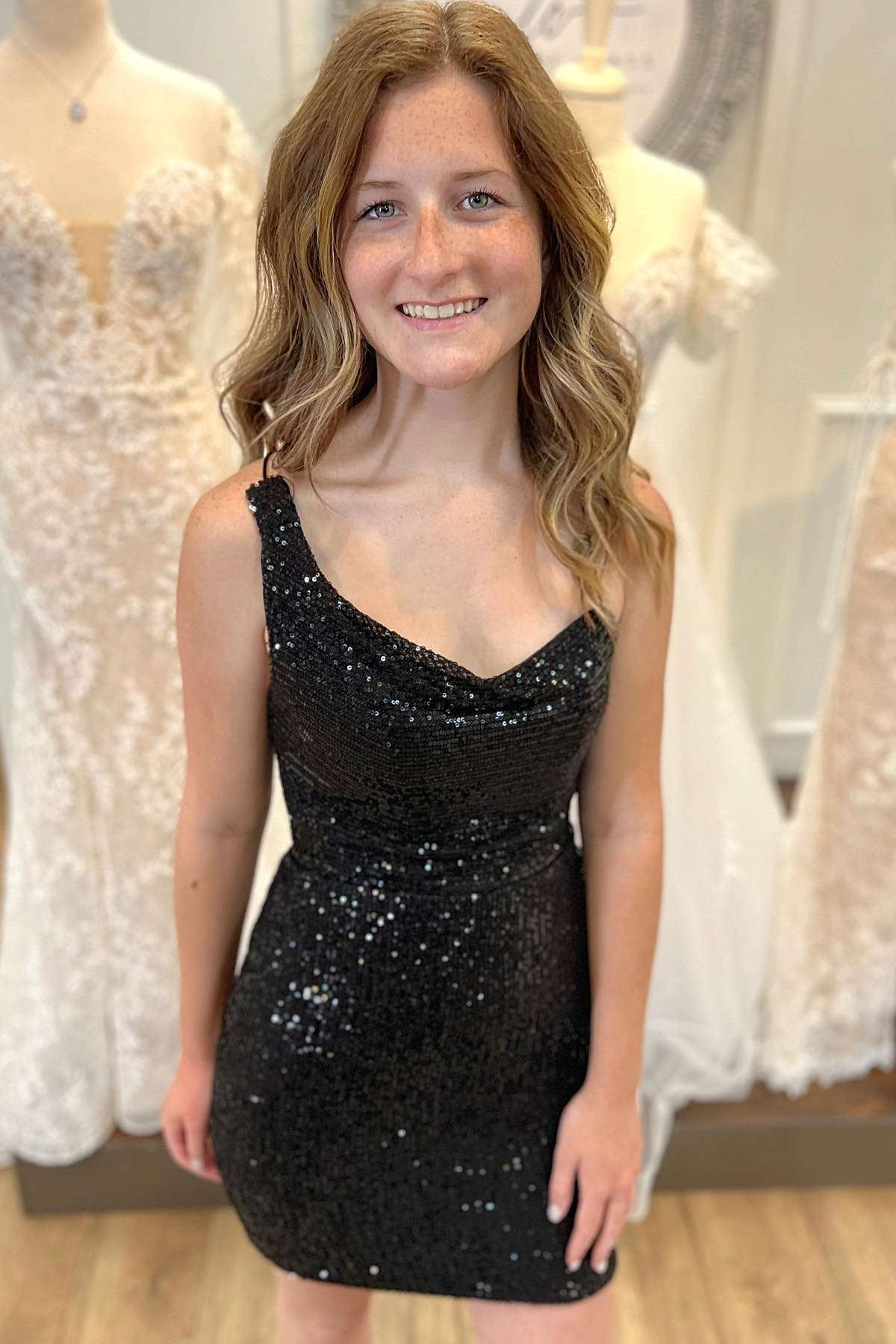 Asymmetrical Black Sequin Lace-Up Short Homecoming Dress