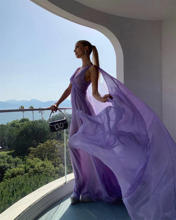 Simple Purple V Neck Tulle Prom Dress Long Evening Gown Y7774 - View 5 | VelvetHem