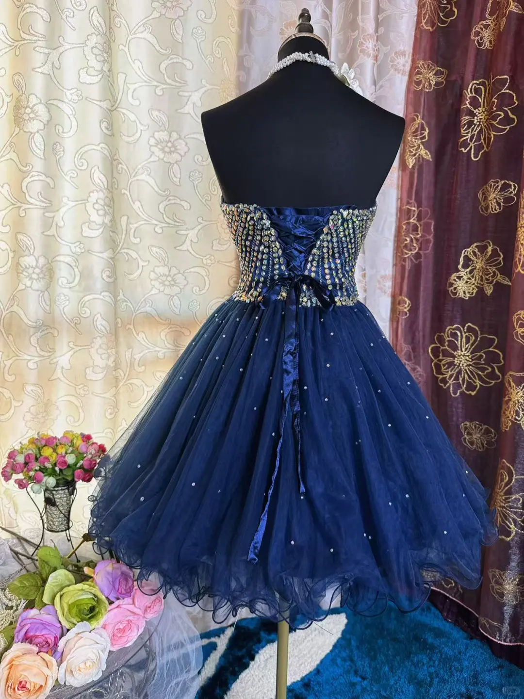 Sparkly Sweetheart Neck Blue Tulle Beaded A-Line Short Prom Dress Formal Homecoming Dress - View 7 | FashionDia