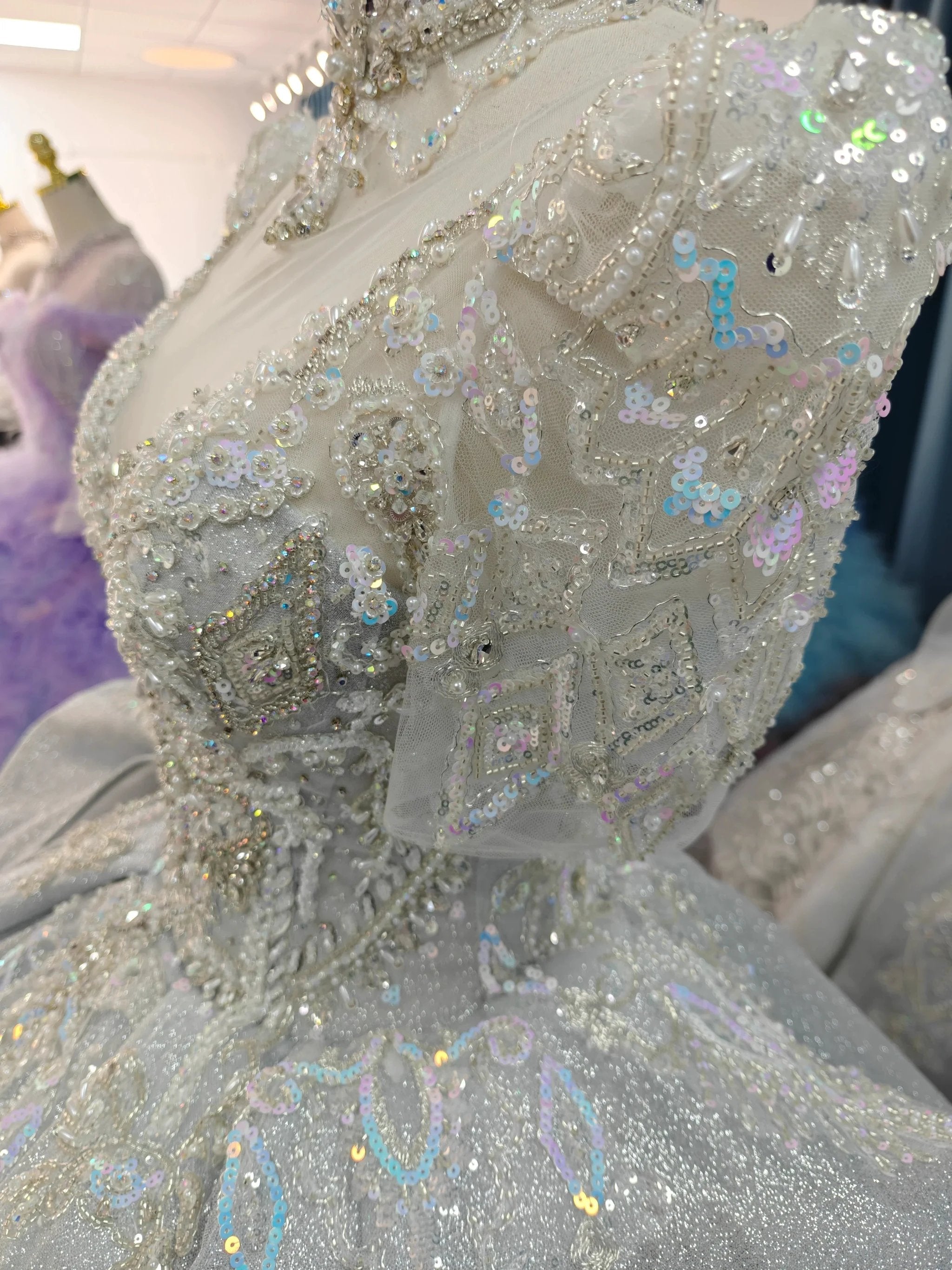 Silver Glitz Cap-Sleeve Ballgown Iridescent Beaded Bust & Sculptural Tiered Skirt (ZD16788)