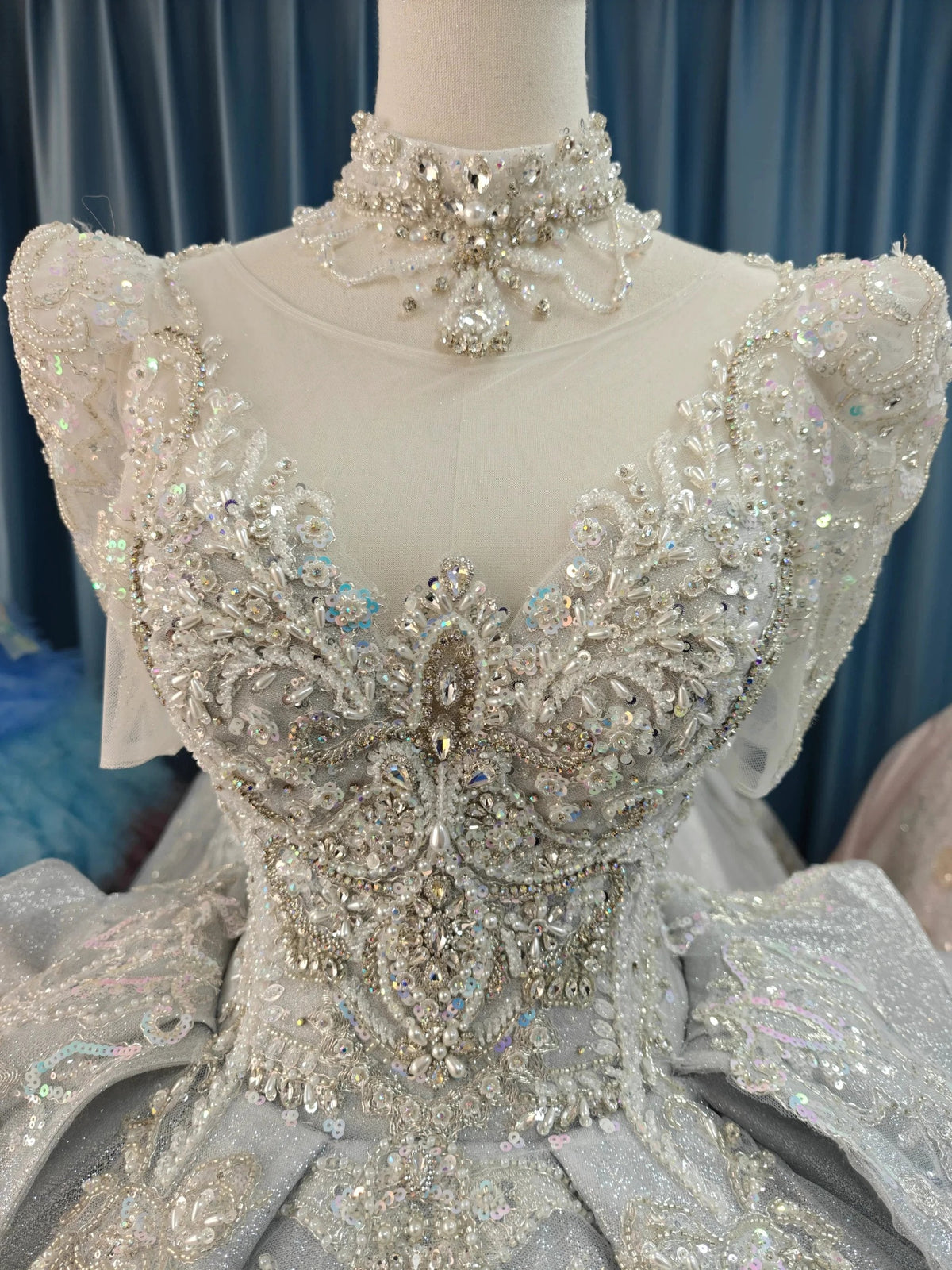 Silver Glitz Cap-Sleeve Ballgown Iridescent Beaded Bust & Sculptural Tiered Skirt by ZAPDRESS