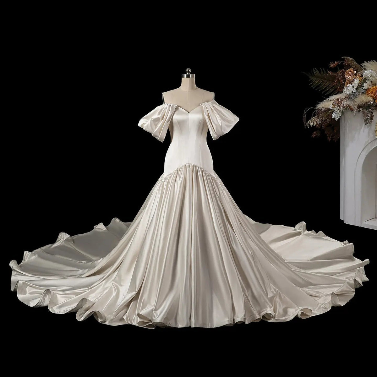 Romantic White Satin Off-the-Shoulder Puff Sleeve Ball Gown Wedding Dress ZP113 - View 8 | VelvetHem
