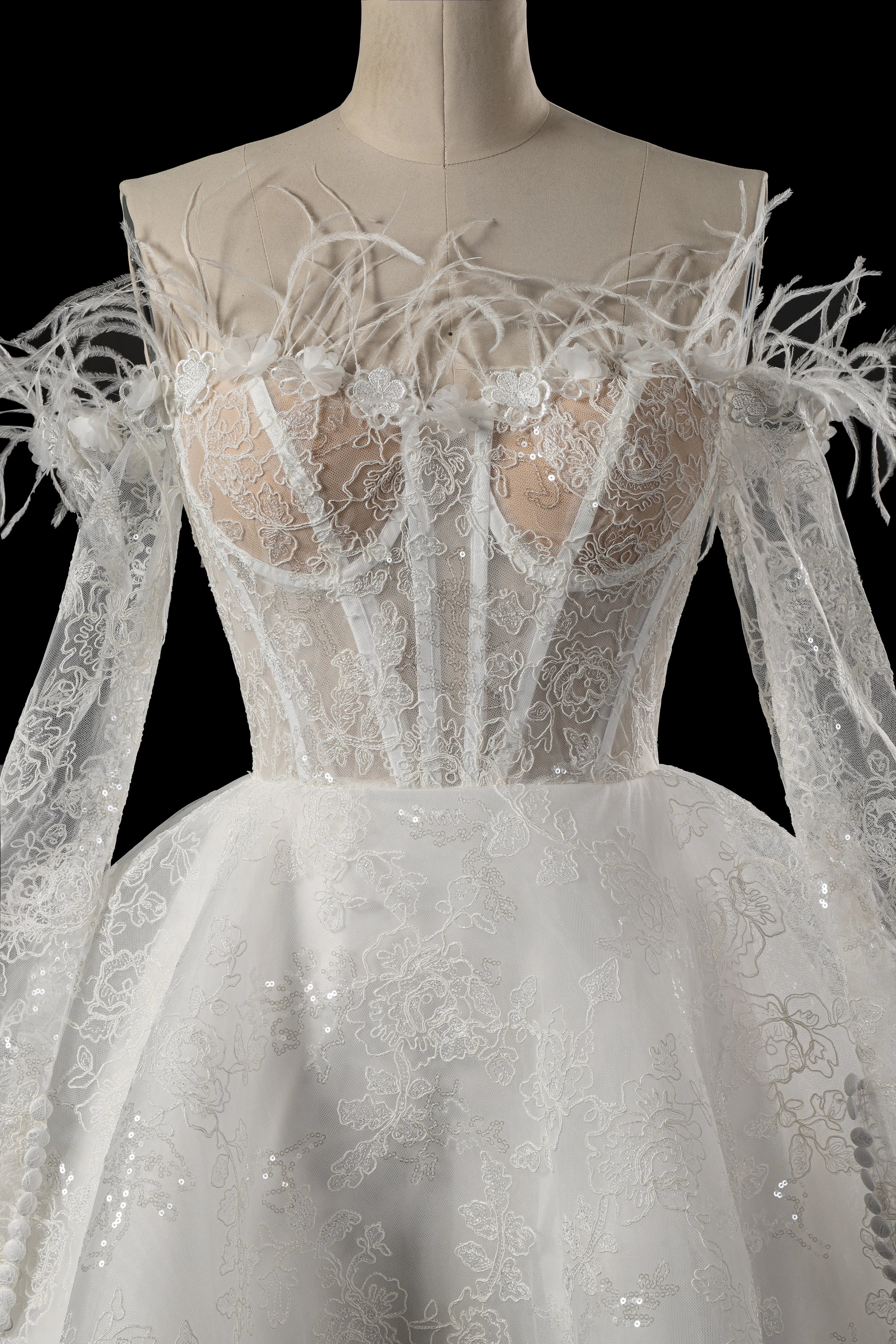 Elegant White Off-Shoulder Feather Lace Corset Mini Wedding Dress ZP061