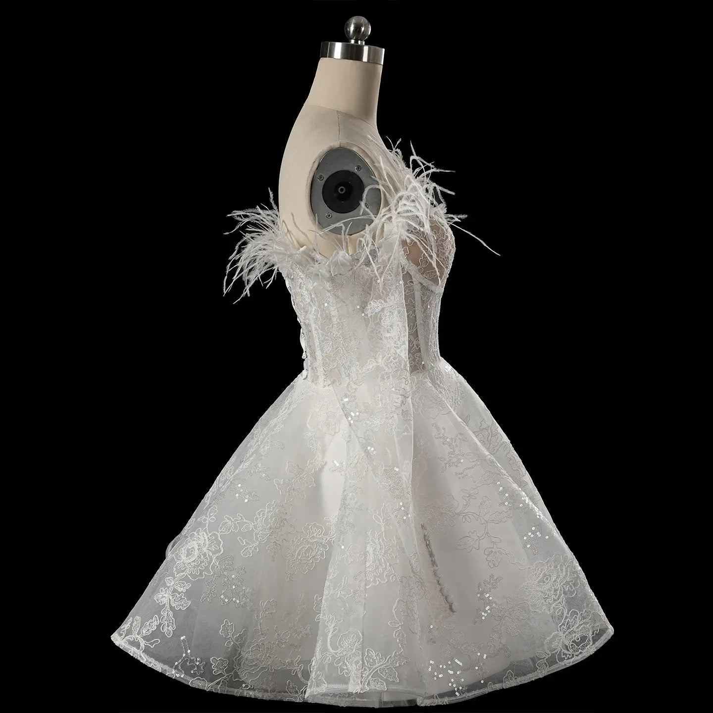 Elegant White Off-Shoulder Feather Lace Corset Mini Wedding Dress ZP061